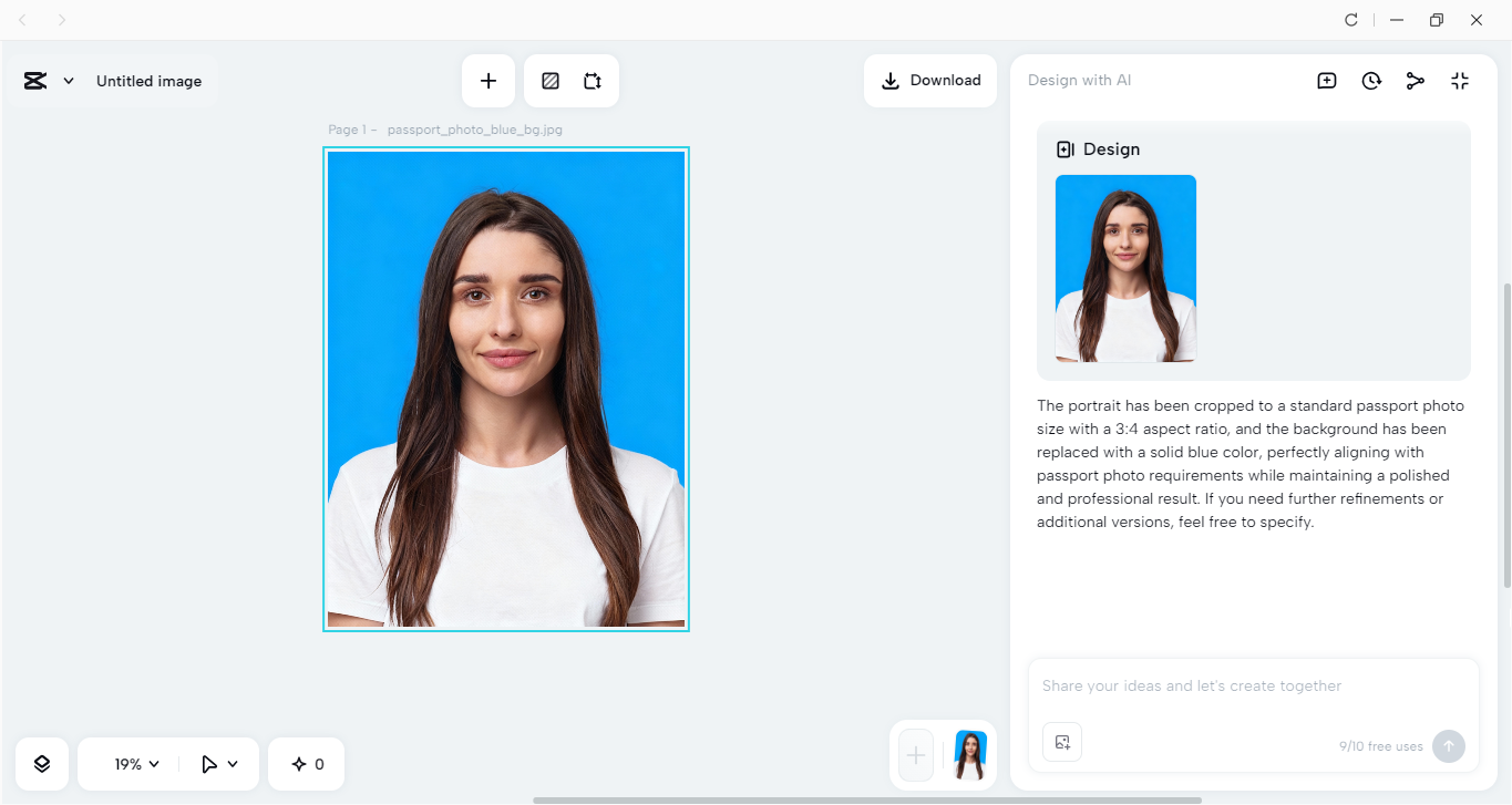CapCut desktop video editor showing passport photo edit tools