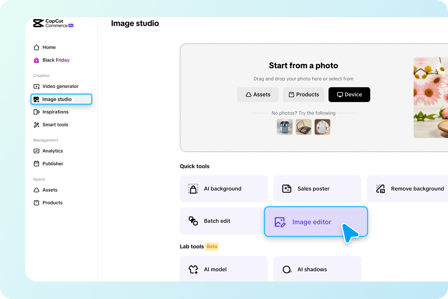 description=The Pippit Image Studio interface showing the 'Upload' button and a drag-and-drop area. A user's cursor is shown uploading a slightly blurry photo of a coffee mug.