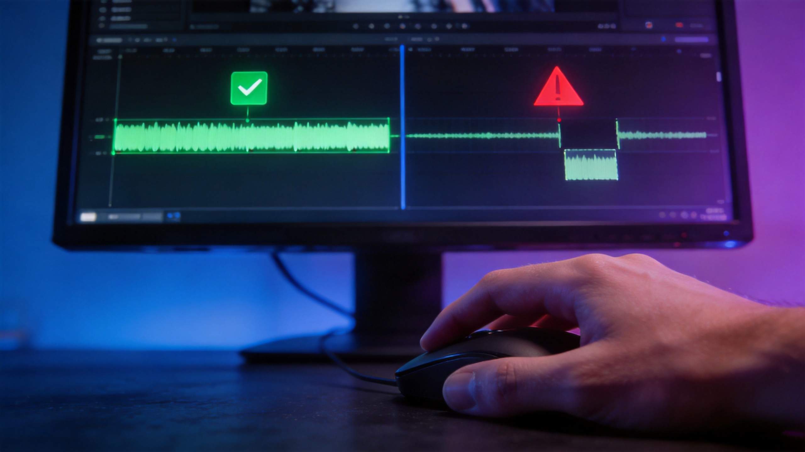 Hand using a mouse on an audio editing timeline with highlighted clips and warning icons