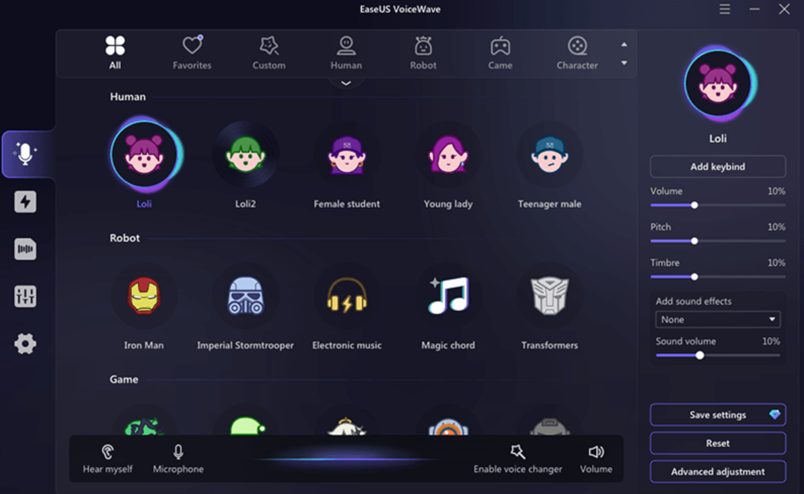 Interface of EaseUS - an easy to use RVC voice changer