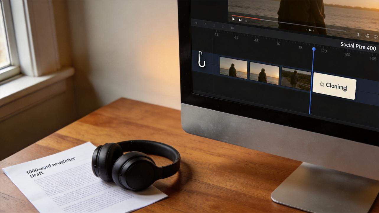 Desktop workspace with headphones, a newsletter draft, and a video editor open on an iMac