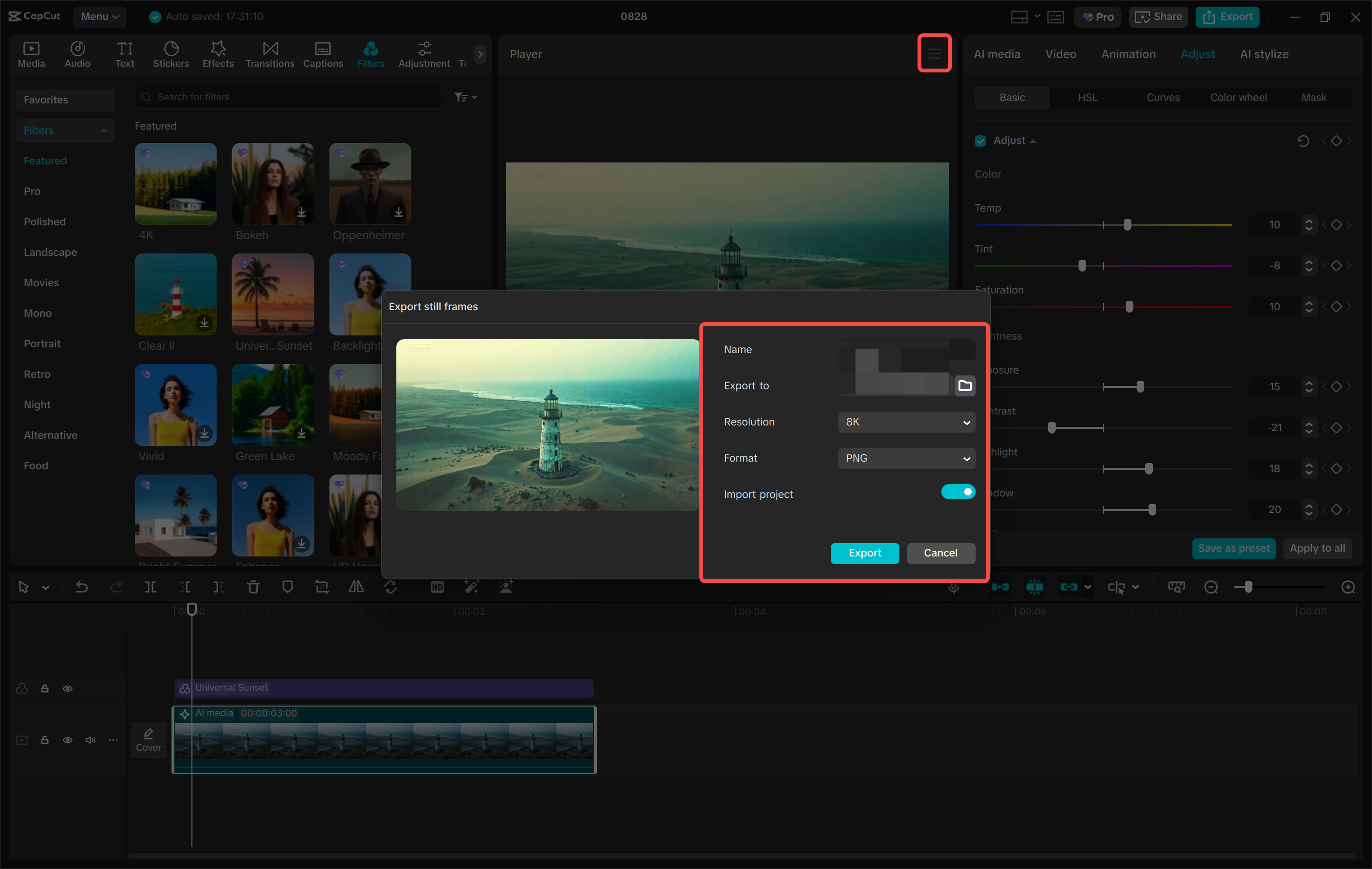 Downloading the image from the CapCut desktop video editor