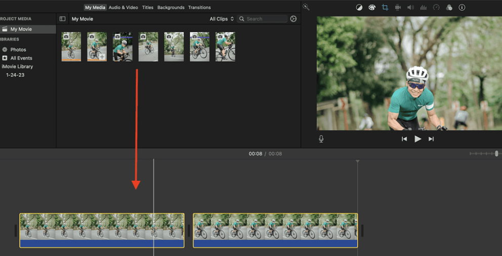 Pagpili ng clip at pagbubukas ng crop tool sa iMovie