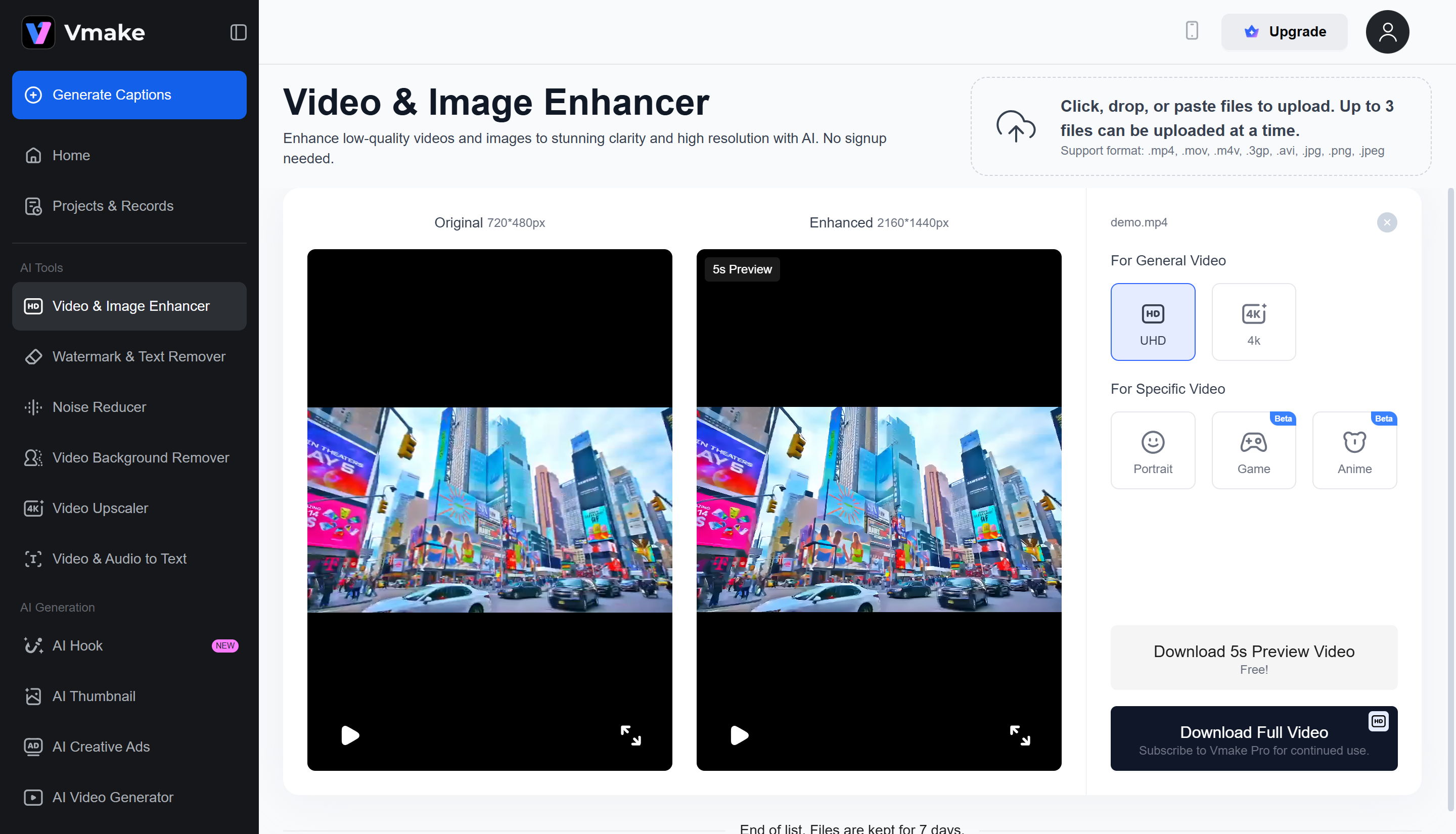 Interface of Vmaker - a user-friendly and free online AI video upscaler