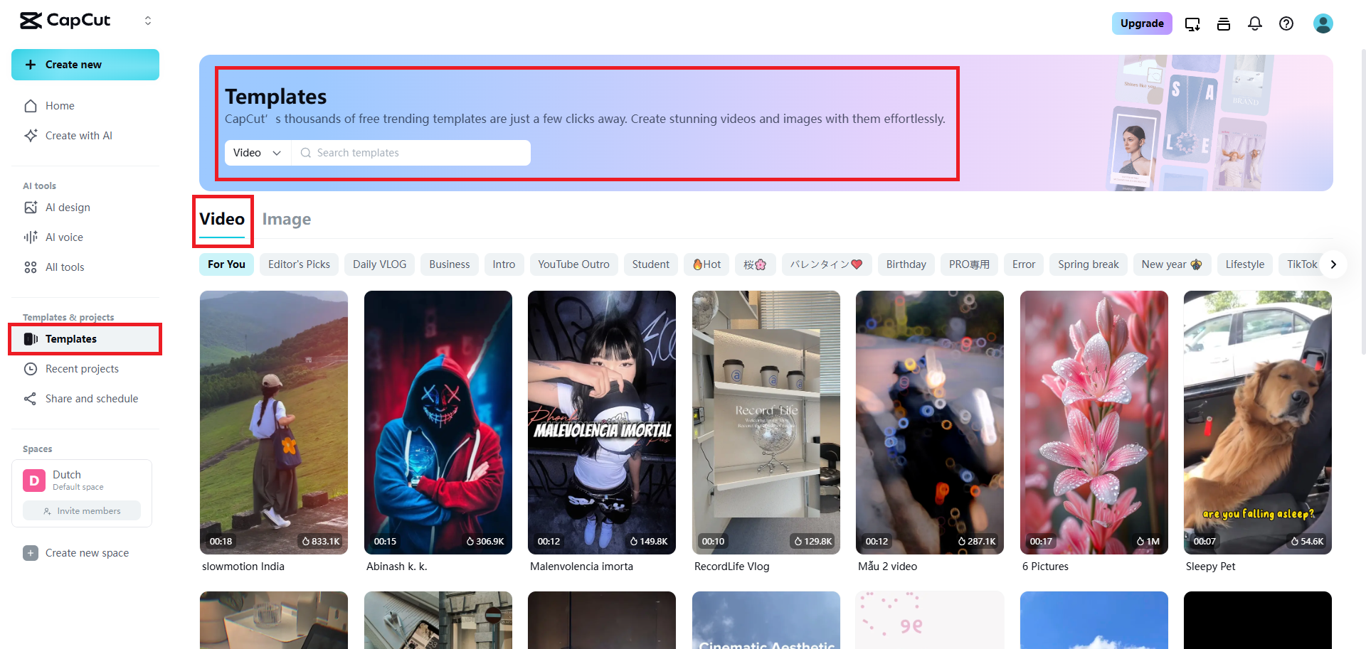 Select the templates option from the dashboard