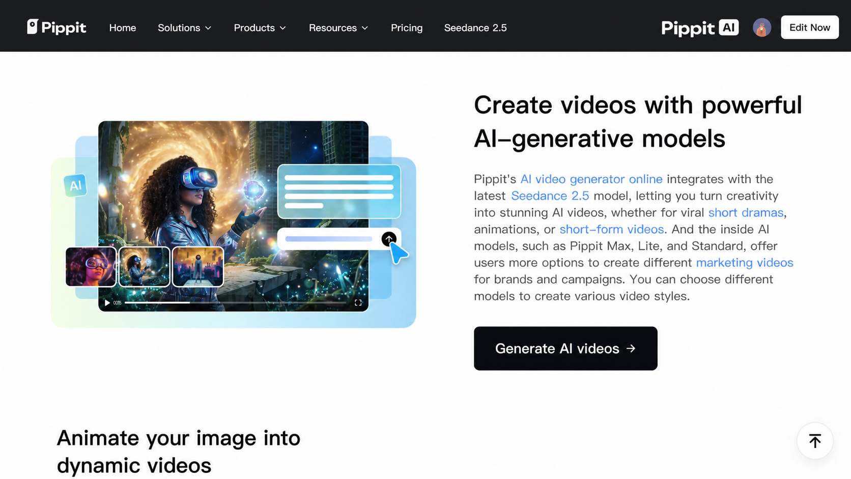Pippit AI webpage showing a video generator with a VR scene thumbnail and a Generate AI videos button