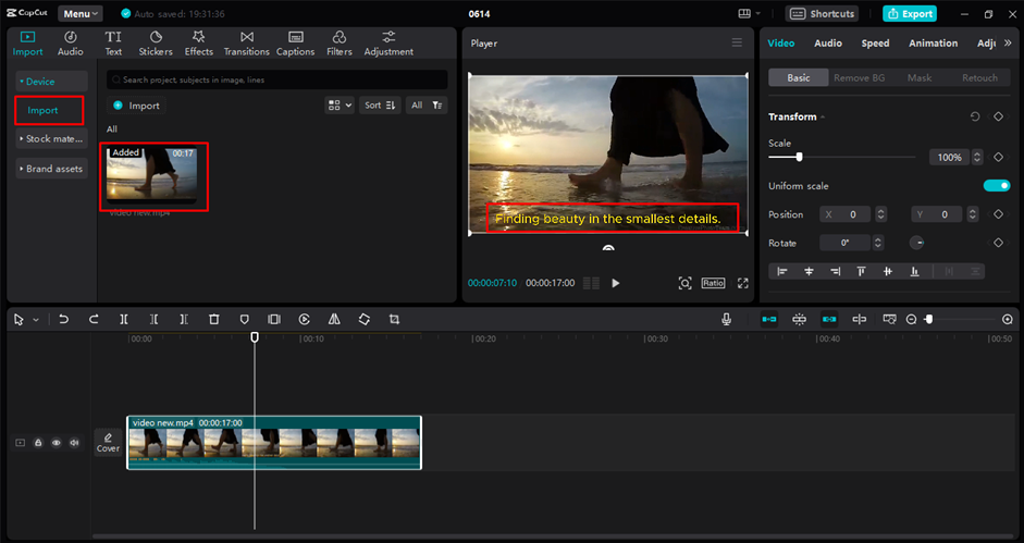 Uploading a video containing subtitles in the CapCut desktop video editor
