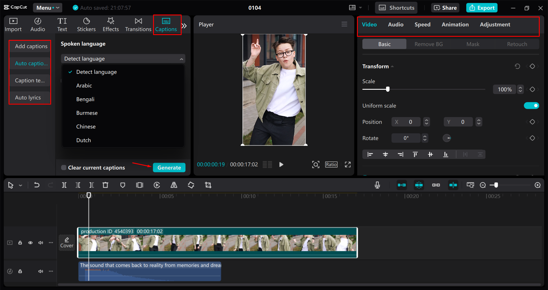Teks ALT: Mengedit dan menyesuaikan video pendek Instagram dalam editor video desktop CapCut