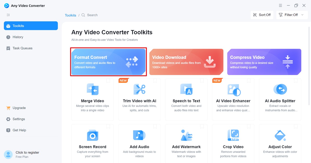 selecione o formato para converter no avc