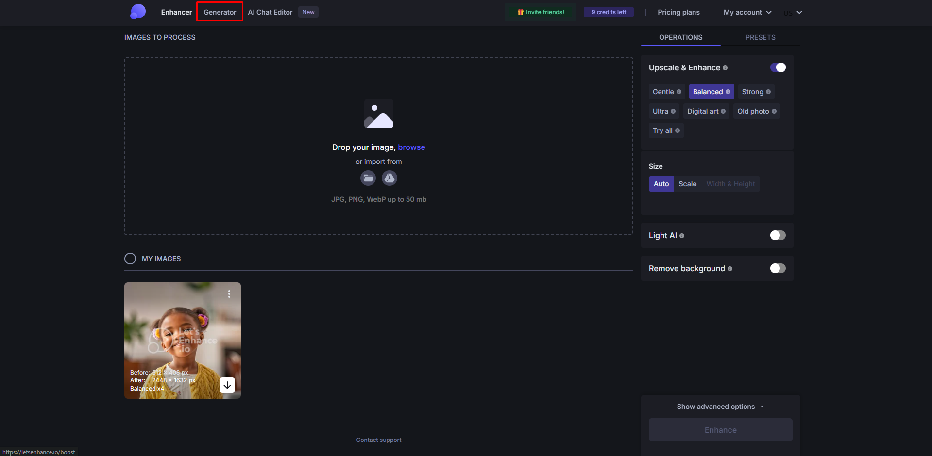 Toegang tot de afbeeldingsgenerator in Let's Enhance