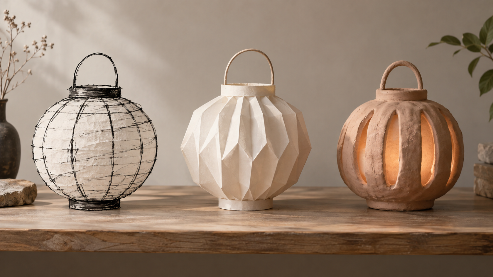 Three physical lantern studies in ink line, folded paper, and clay materials