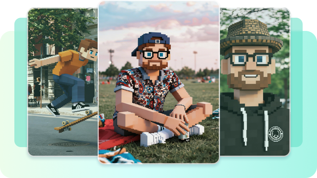 Three blocky character portraits in outdoor scenes