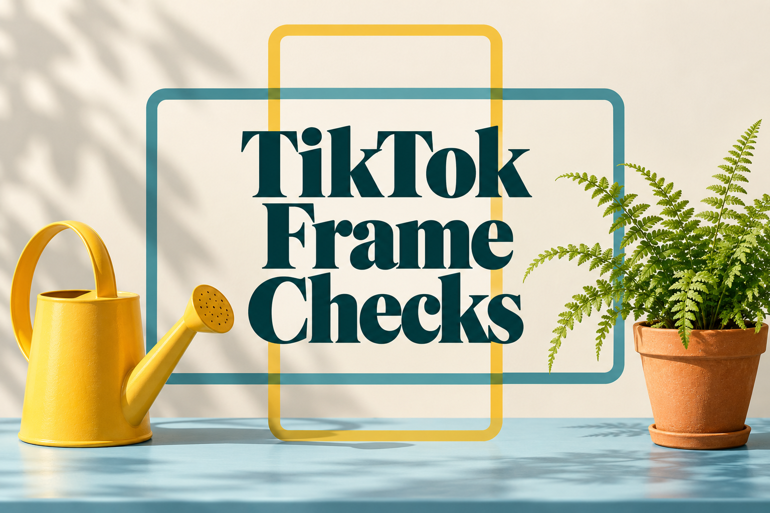 TikTok Frame Checks title with a watering can and fern inside overlapping composition frames