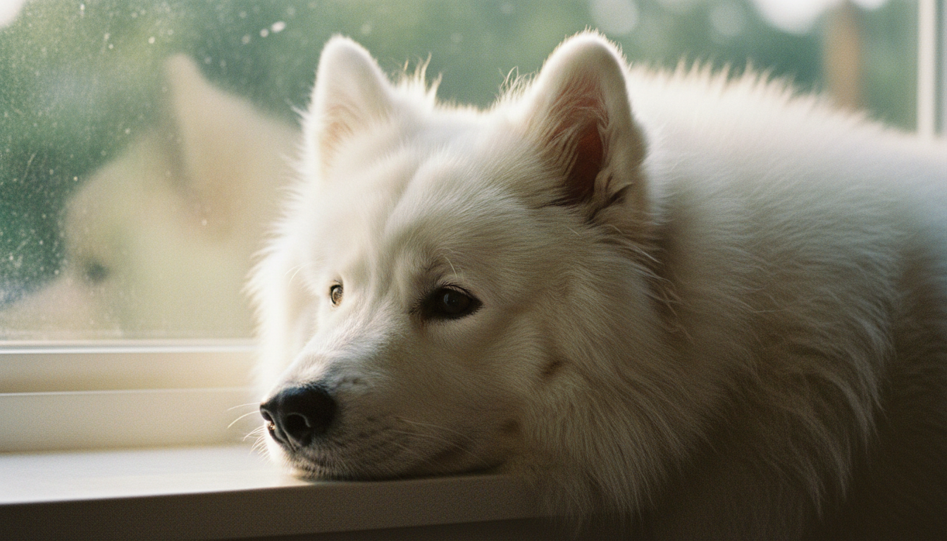 A dog sits close to a window