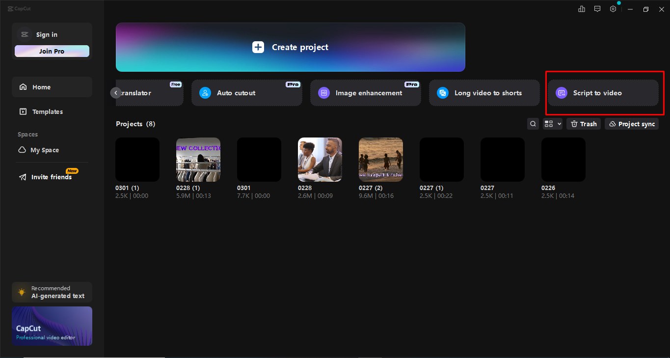 Accessing the script to video tool in the CapCut desktop video editor