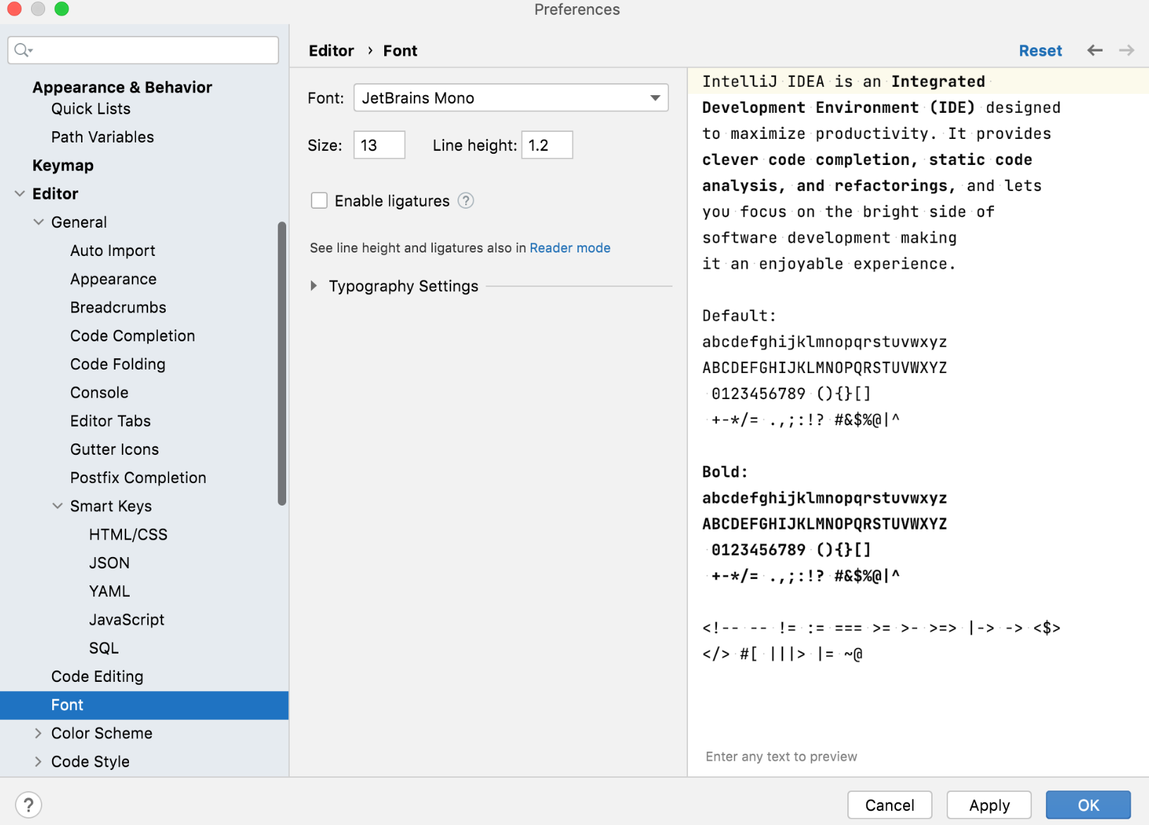 An IDE preferences dialog shows editor font family, size, line height, ligature setting, and a live text preview.