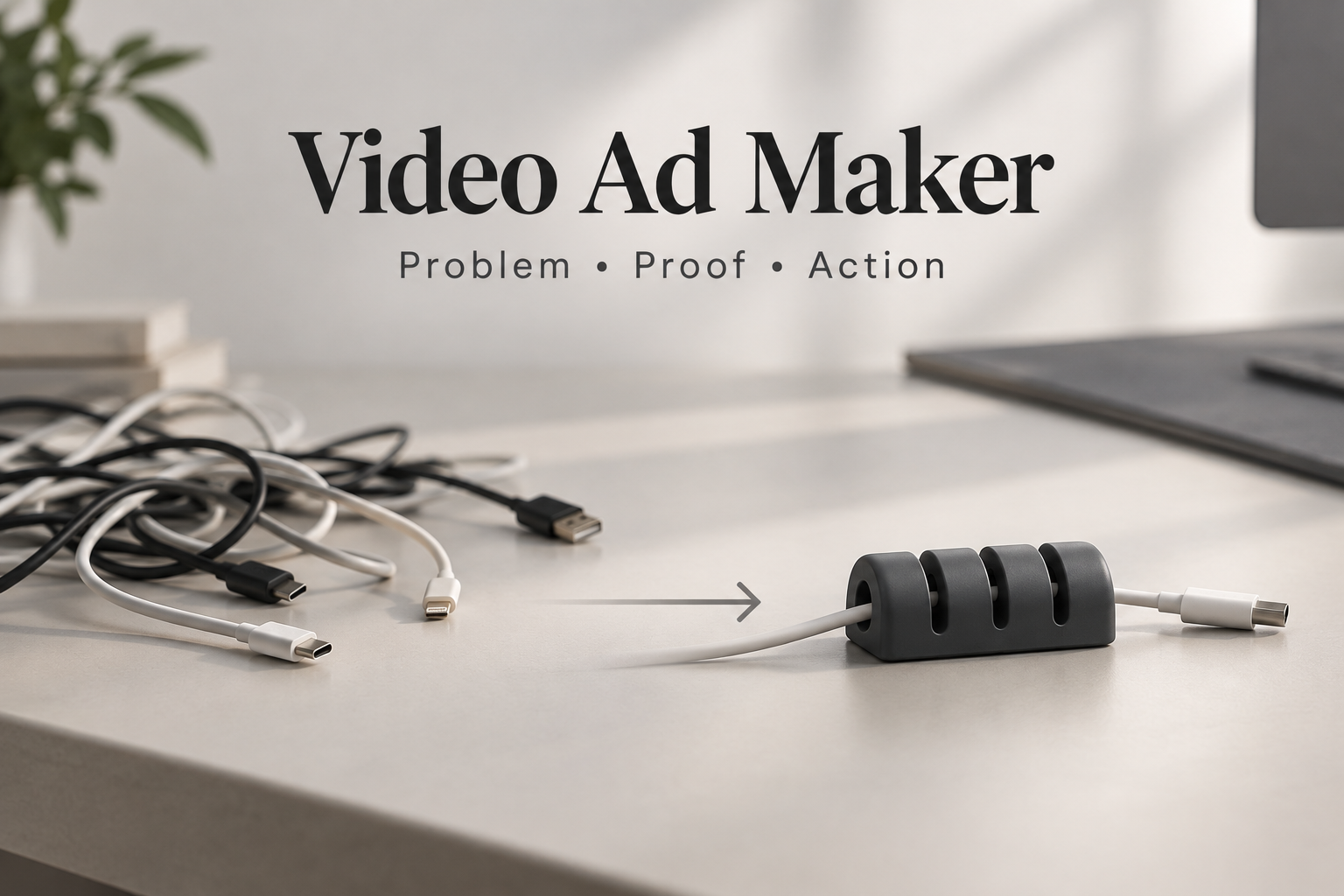 Editorial desk scene showing a cable problem moving toward one organized cable with the title Video Ad Maker