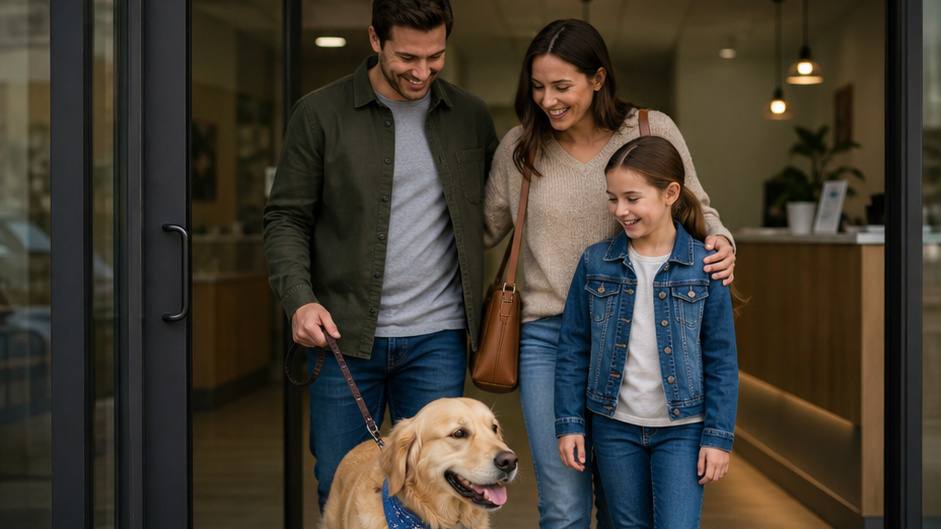 Animals Hospital Video — happy pet family leaving after treatment