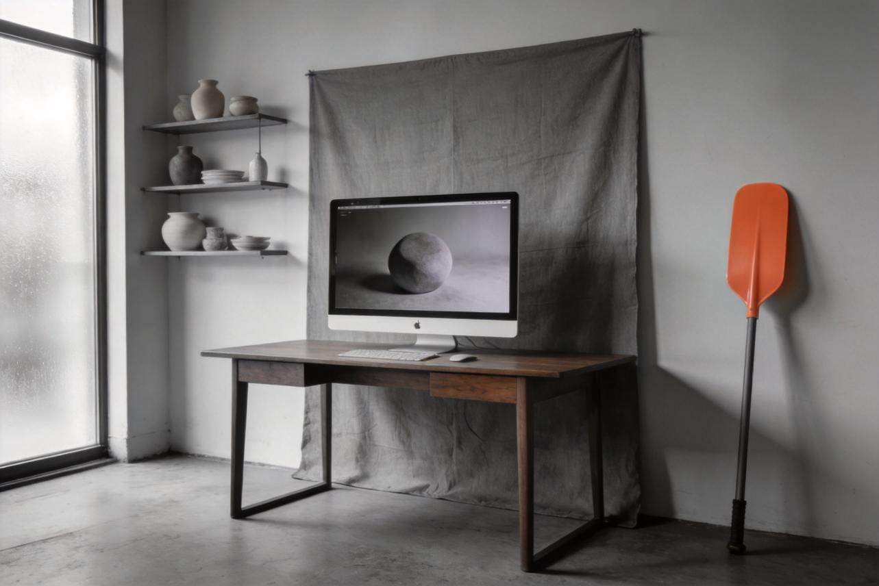 Minimal gray workspace with an orange paddle leaning against the wall beside a desk and computer