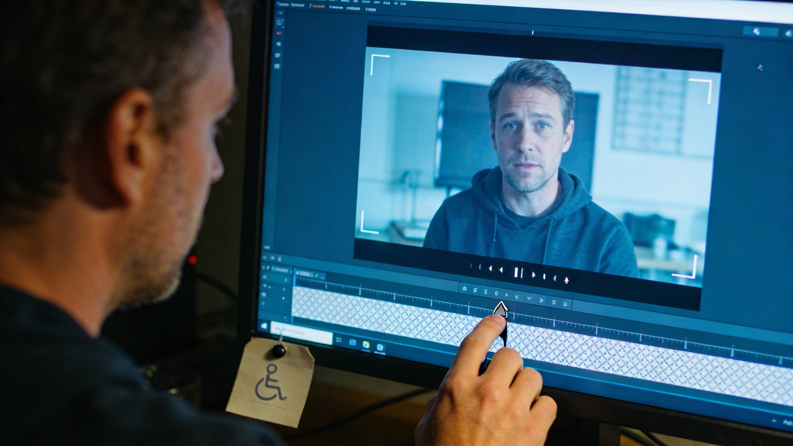 Person editing a video on a computer monitor, with a man speaking in the preview window