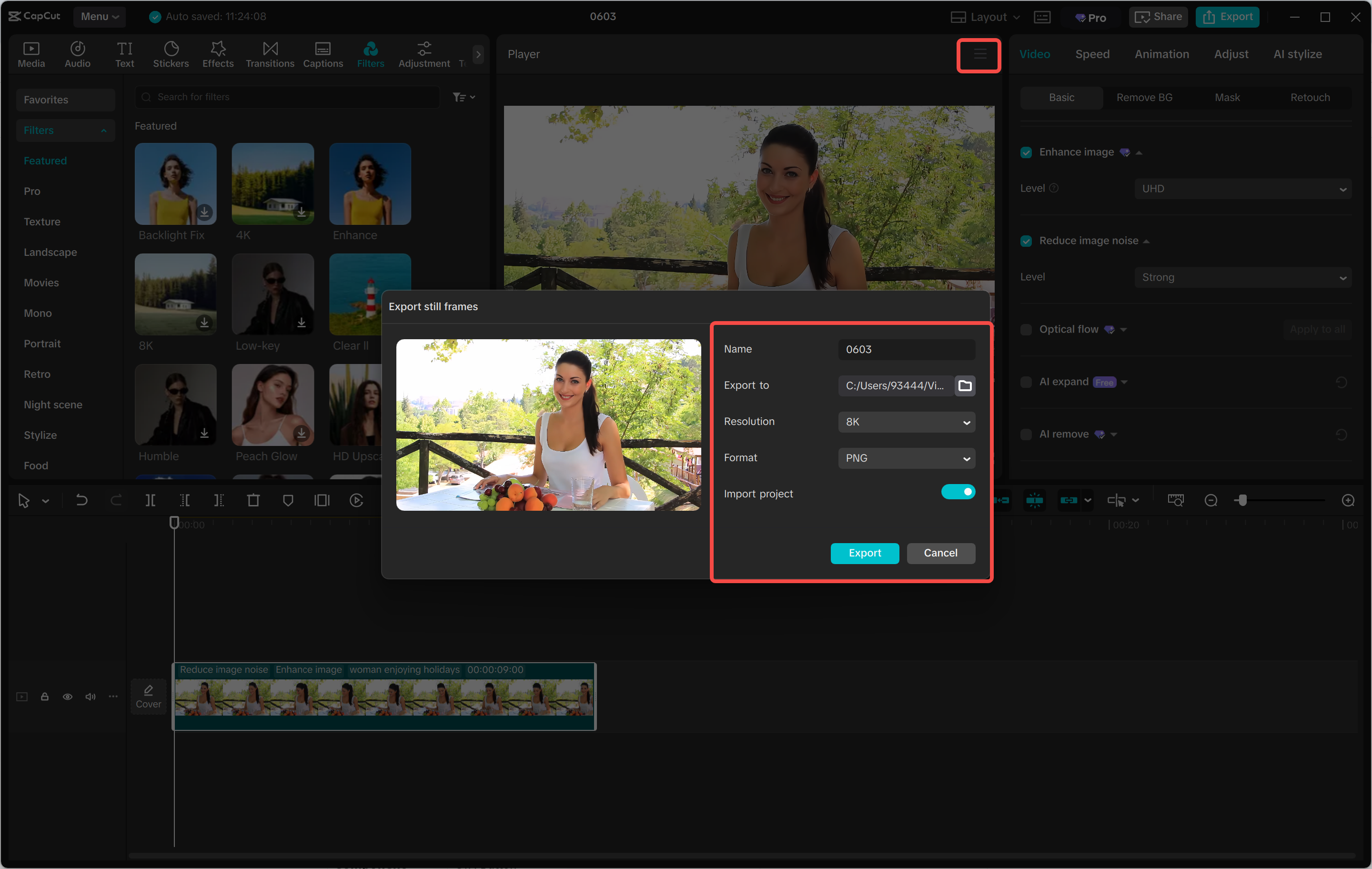 Exporting an image from the CapCut desktop video editor