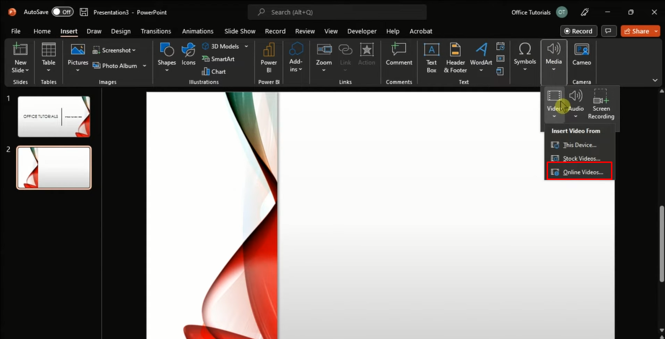 Opening the dialog box to add an embed code of a YouTube video