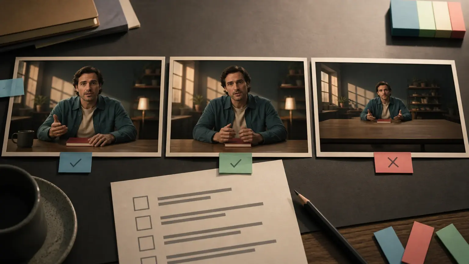 Conceptual review board comparing three related scenes with a continuity checklist