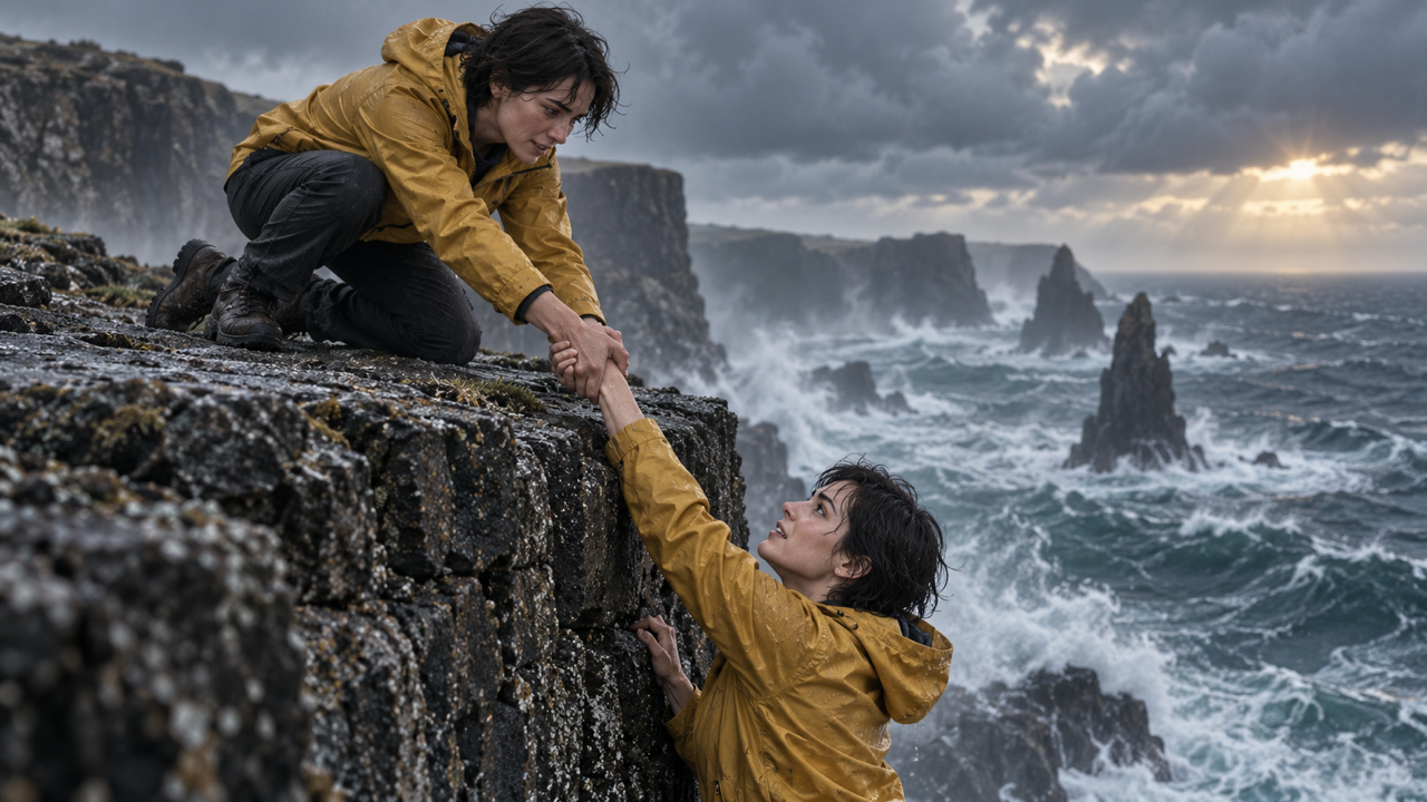 Stormy basalt sea cliff with the same adult woman in matching mustard jackets in both roles, upper version safely braced on a broad ledge clasping the lower version's wrist, cinematic silver light.