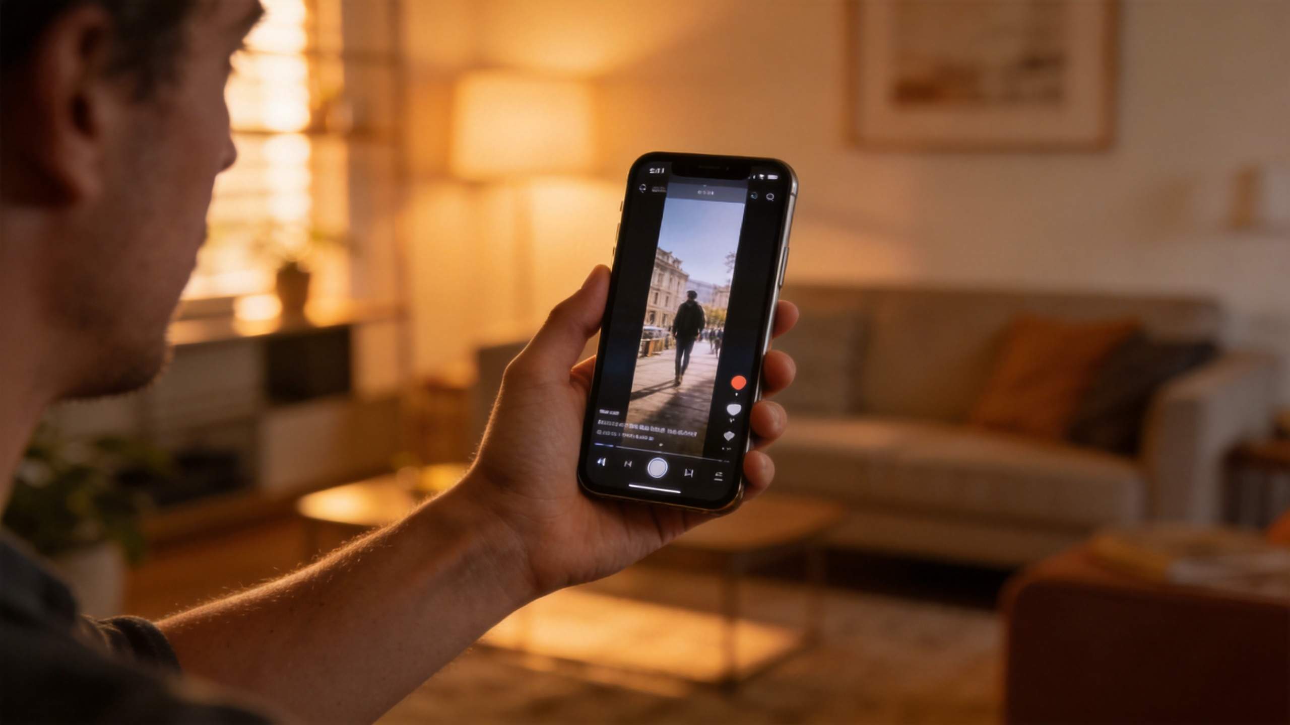 Person holding a smartphone showing a vertical video in a video app
