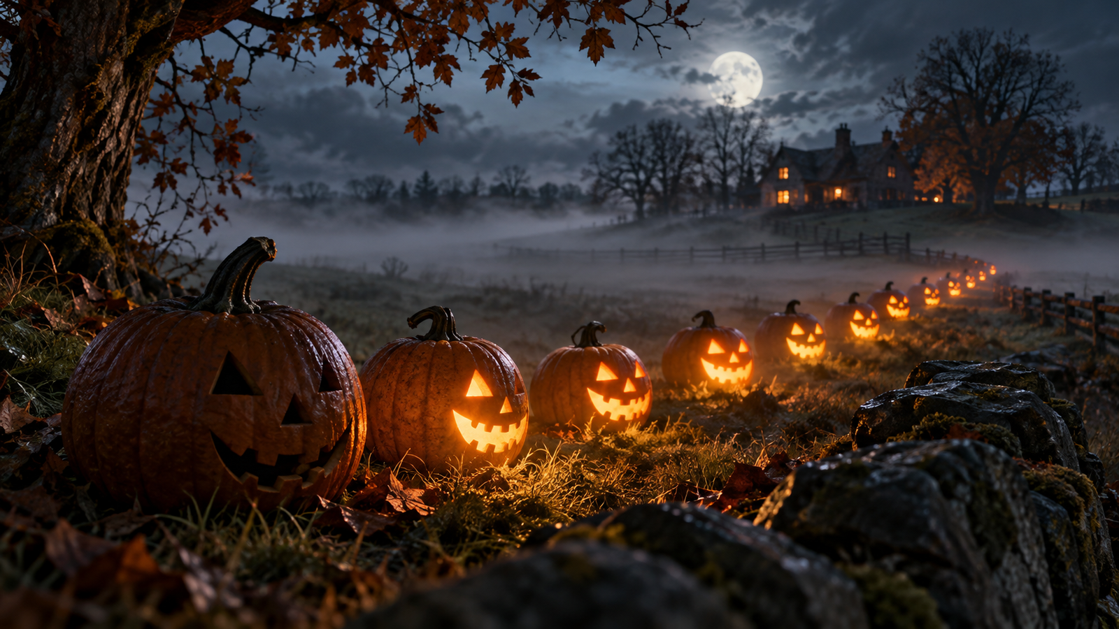Pumpkin reveal keyframe: Cinematic still keyframe of pumpkin lanterns lighting one after another in misty field, clear motion progression
