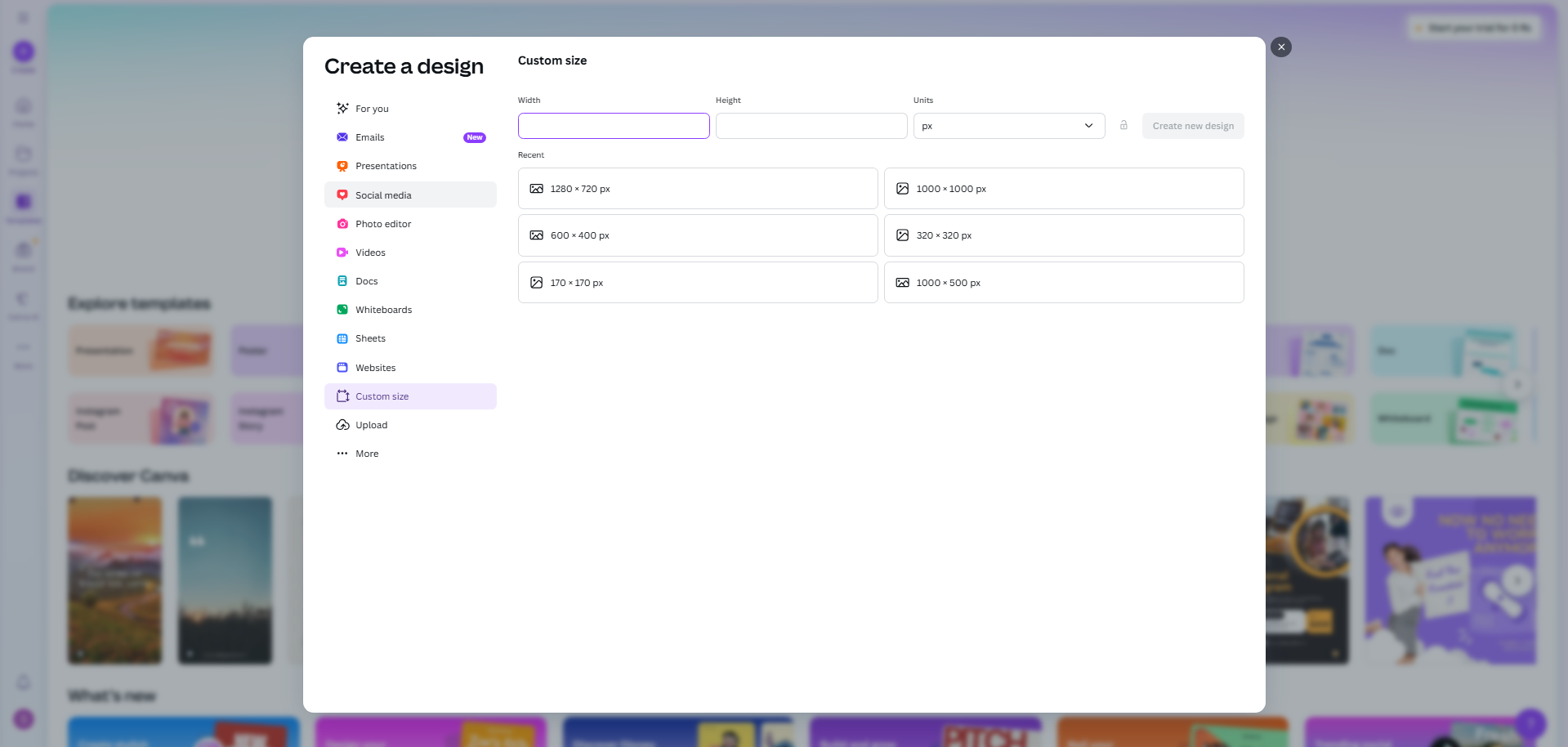 Access Canva and choose the right canvas size