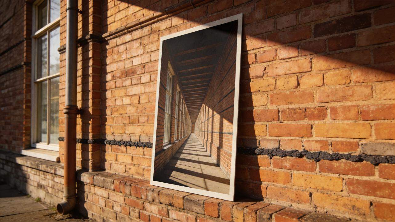 Framed poster leaning against a brick wall in sunlight