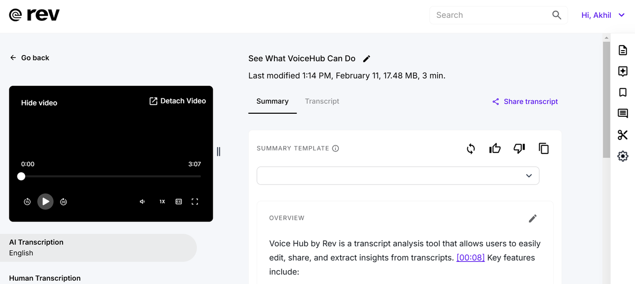 A interface de transcrição do Rev