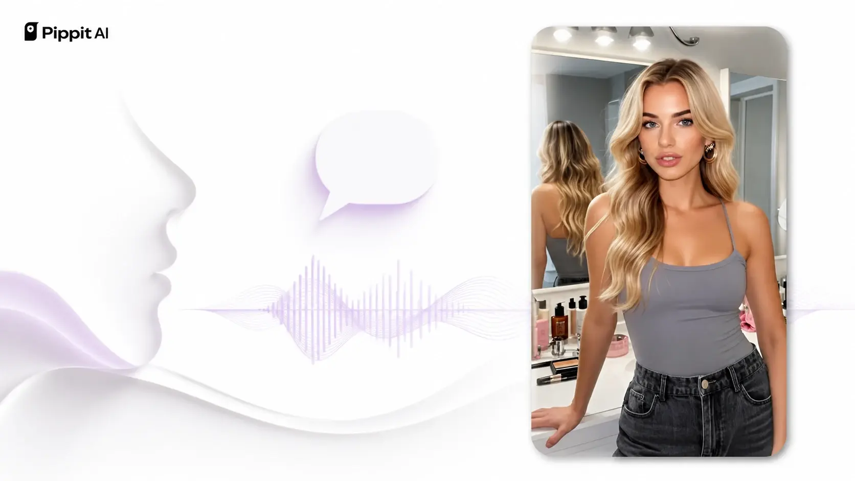 Stylized woman beside a speech bubble and audio waveform, with a presenter portrait on the right