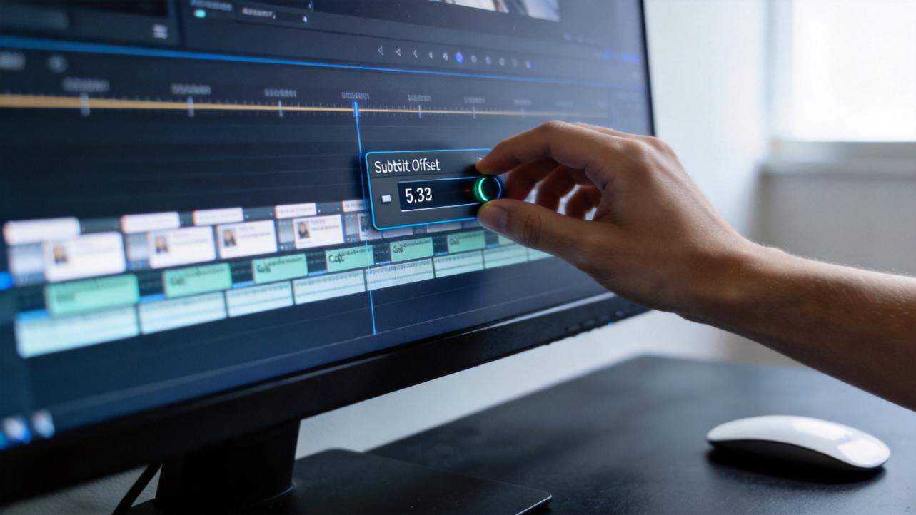 Hand adjusting subtitle offset on a video editing timeline