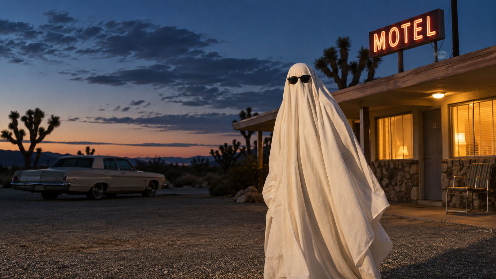 Sunglasses sheet ghost: Single white-sheet ghost costume with dark sunglasses by a vintage roadside diner at sunset, playful film photo