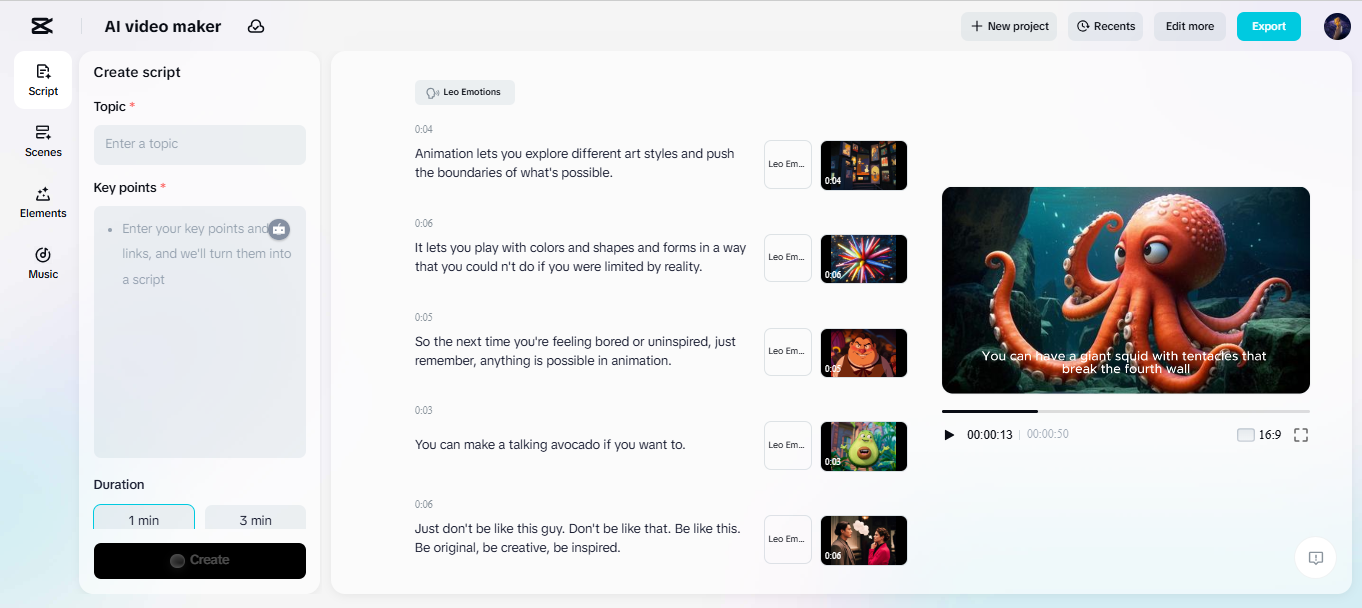 ממשק של עורך הווידאו השולחני CapCut