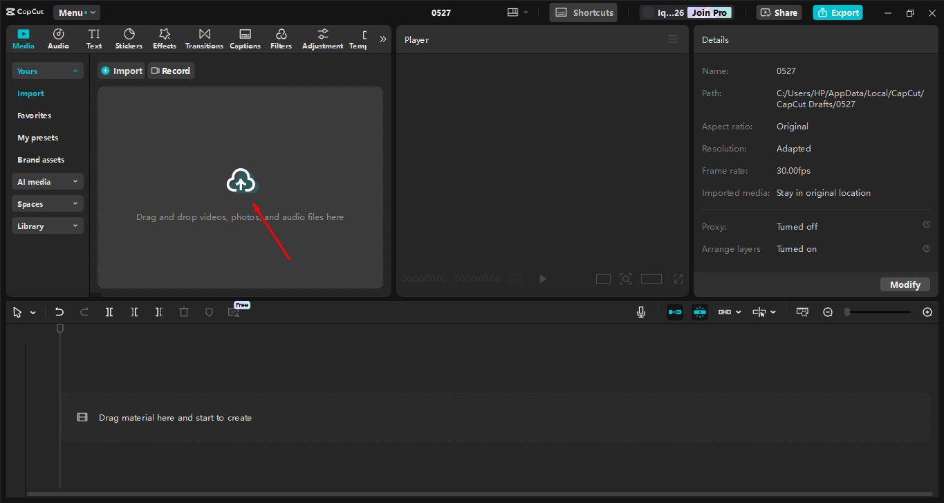 Uploading the image to the Capcut desktop video editor