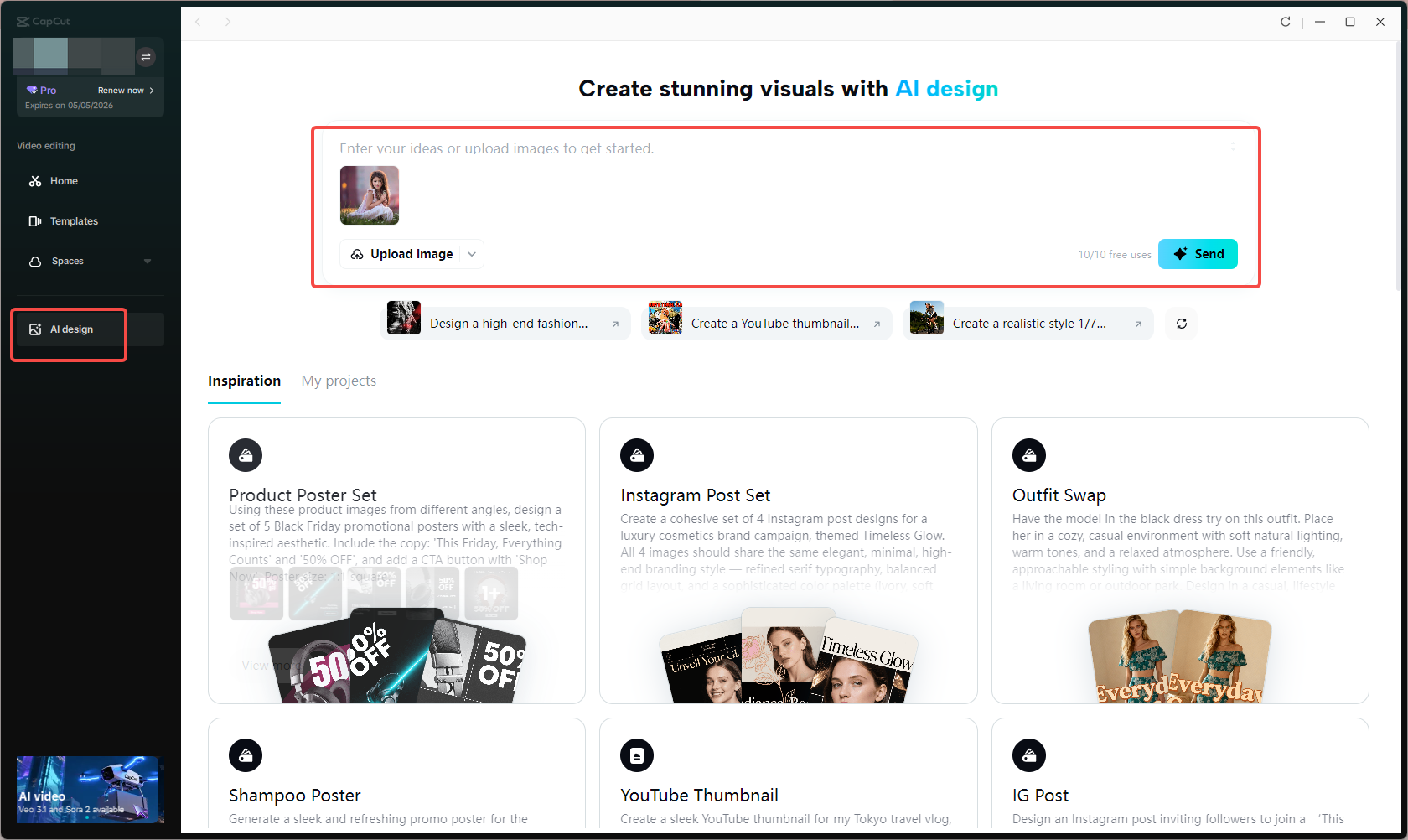 Accessing the AI design feature in CapCut