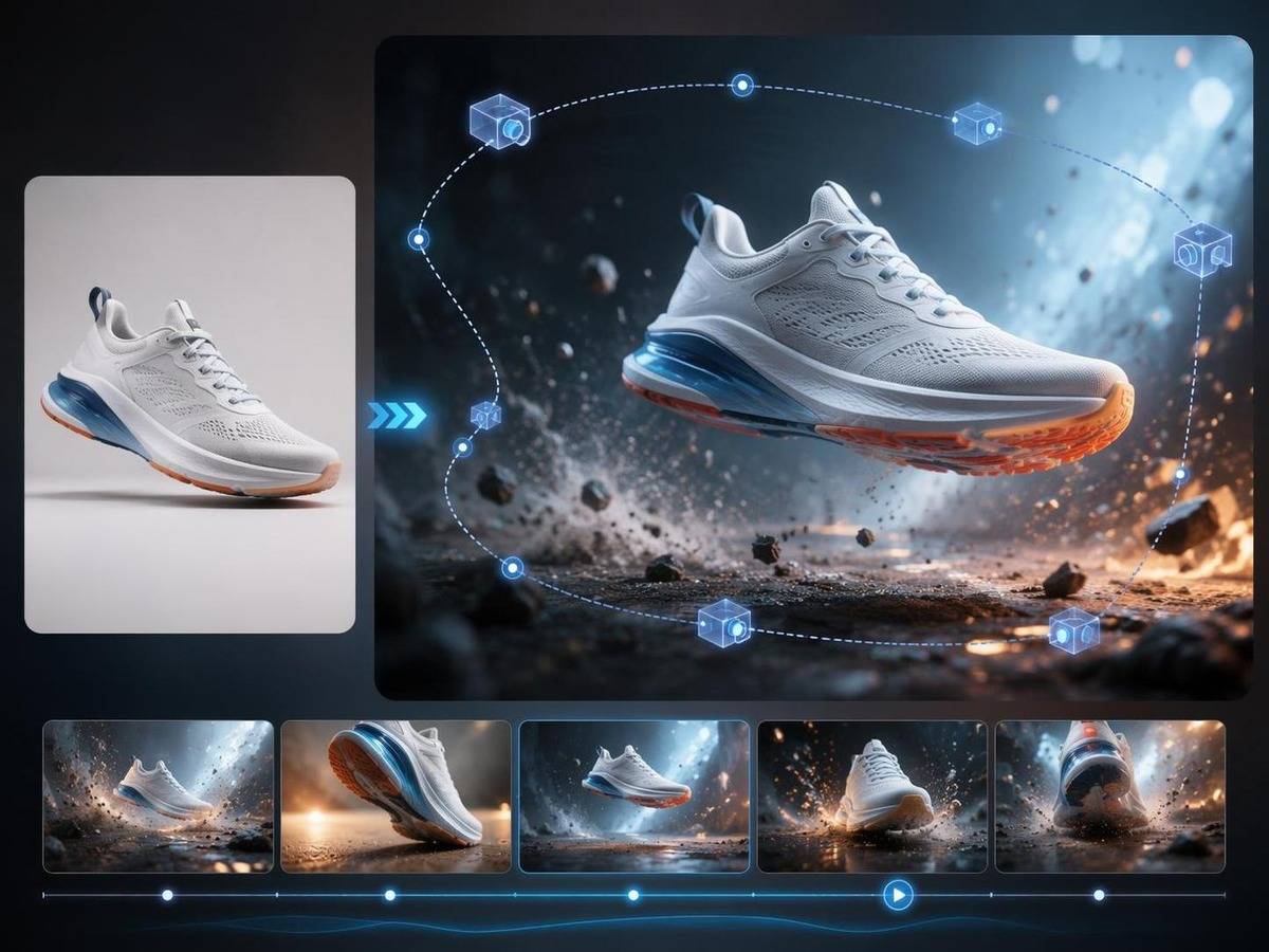 shoe product animation AI prompt cover 1 in 4:3