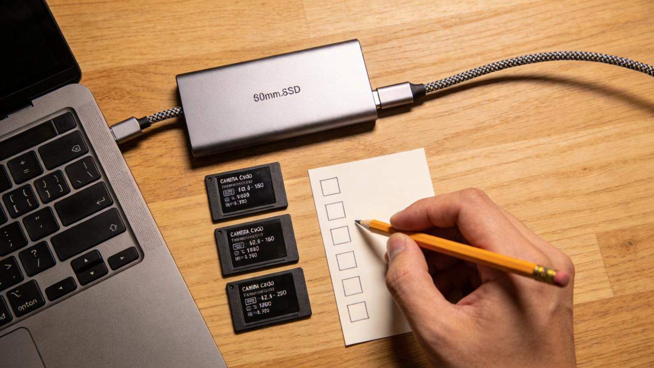 Laptop connected to an external SSD, memory cards, and a hand checking items on a paper list