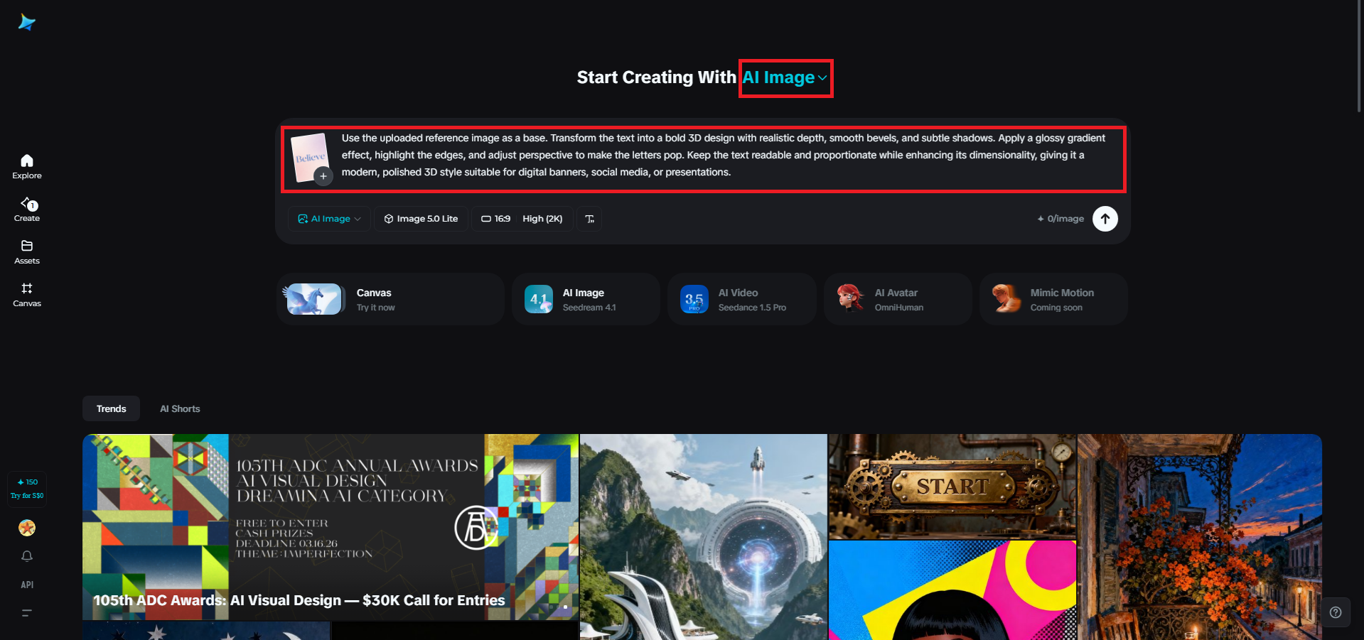 Carregue uma imagem de referência e escreva um prompt de texto 3D