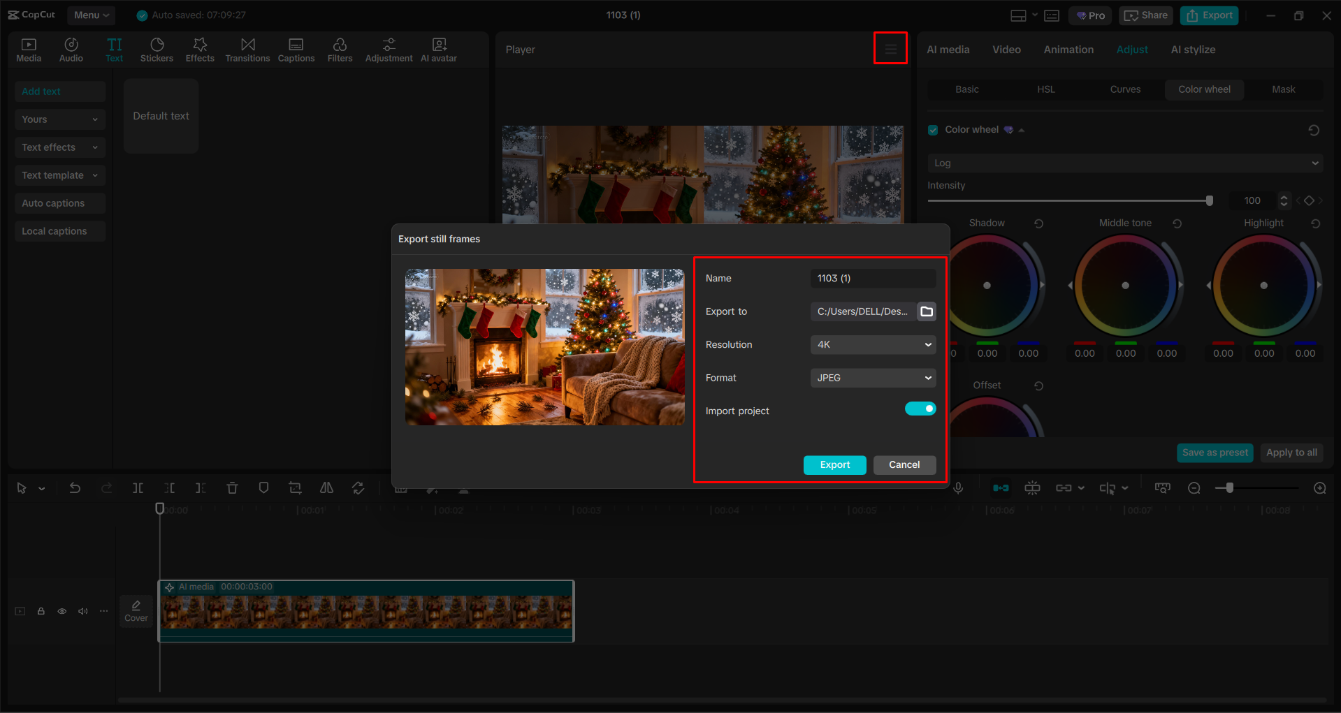 Exporting the image from the CapCut desktop video editor