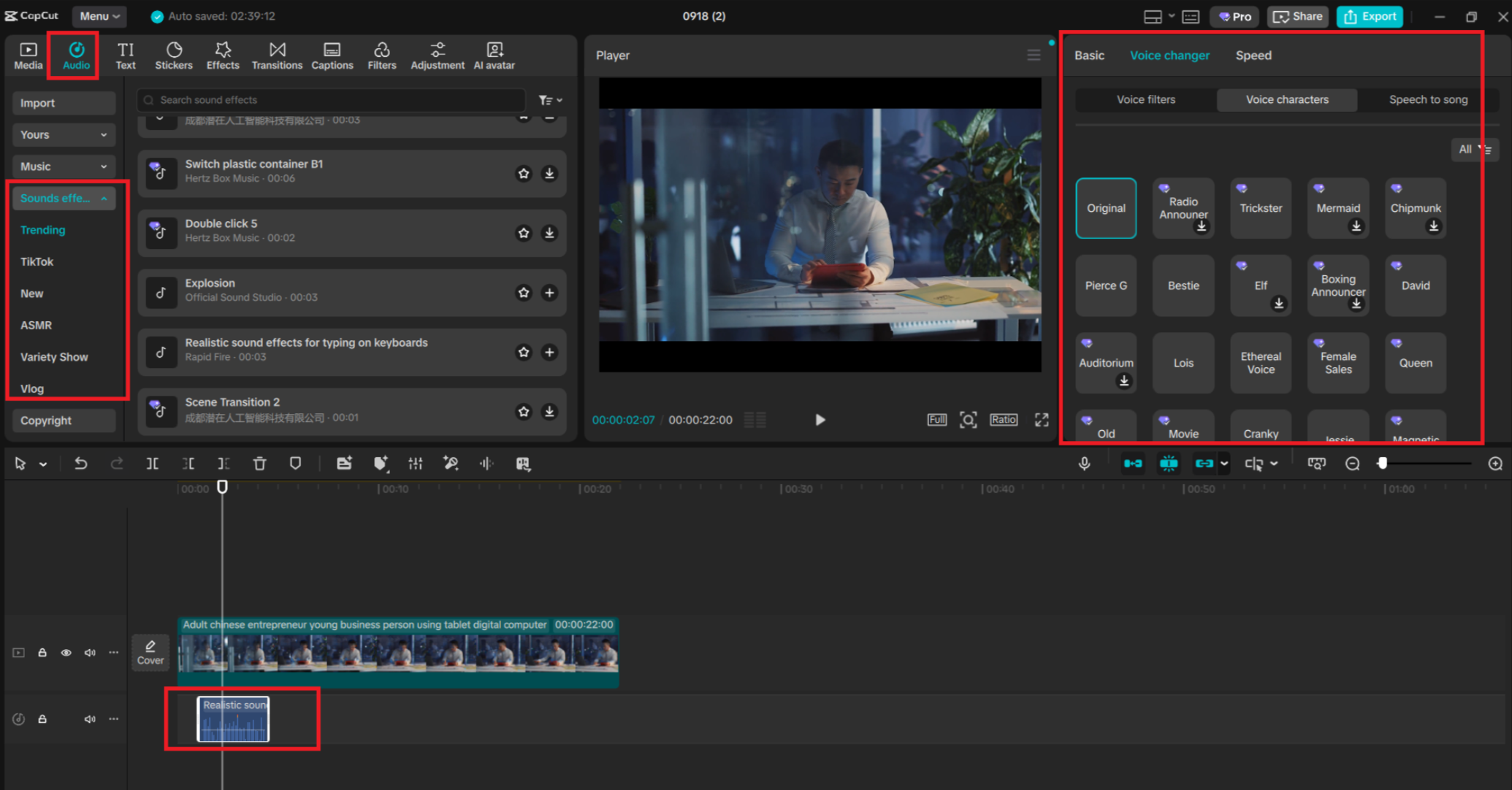 CapCut desktop video editor showing audio tabs, sound effects library, and voice changer options