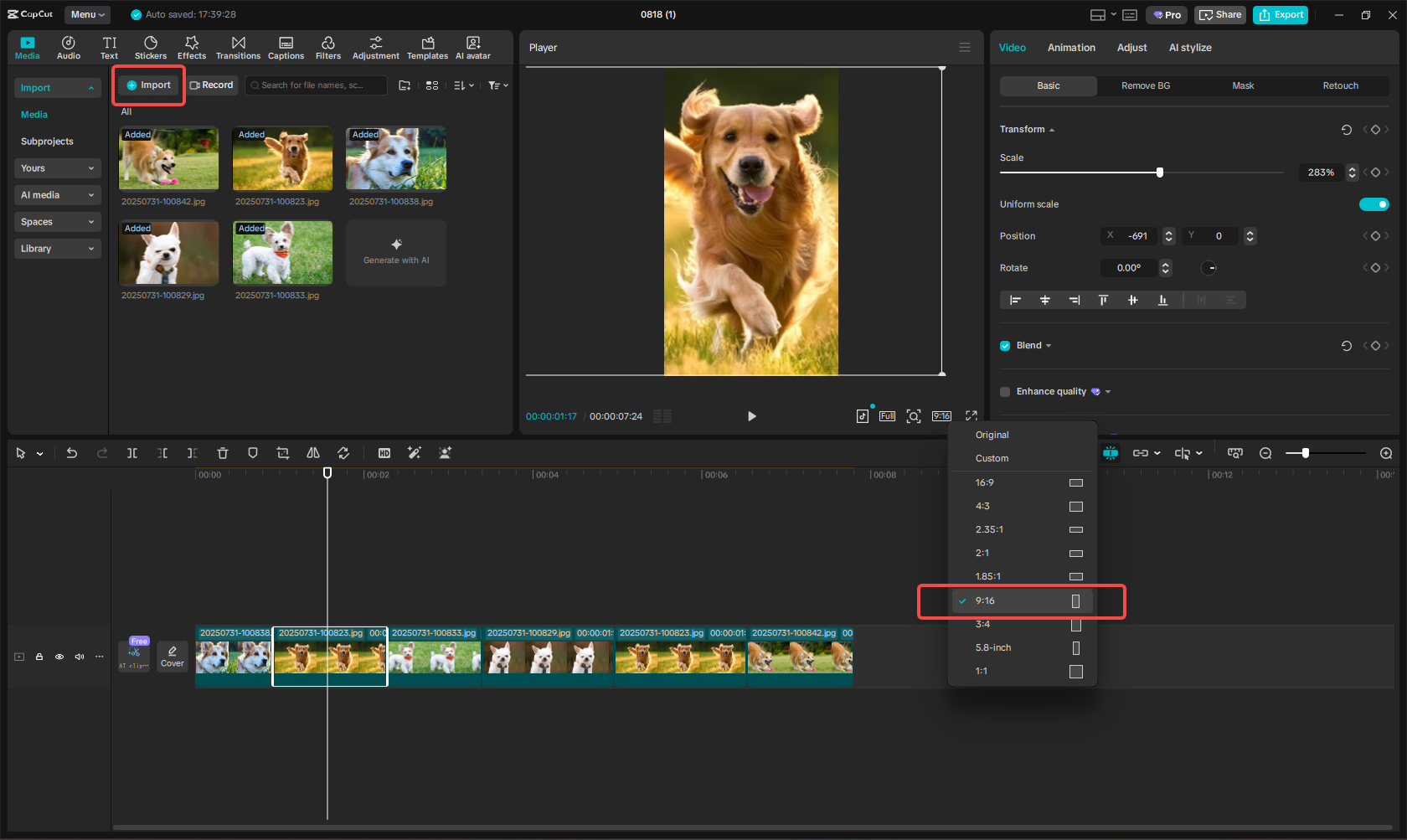Create a new project in CapCut
