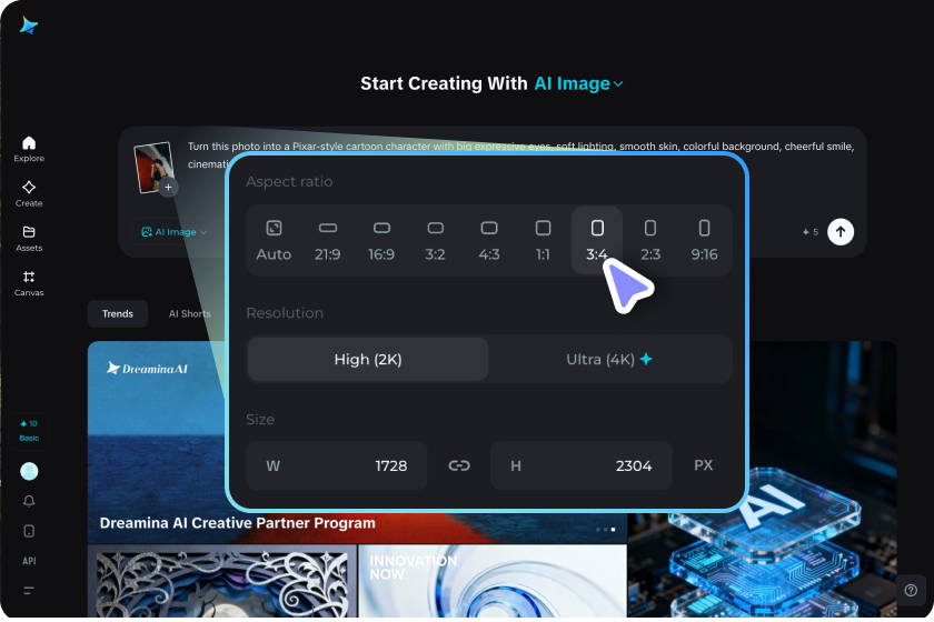 Selectați modelul Seedream 4.5 și reglați setările pentru a genera imaginea Pixar