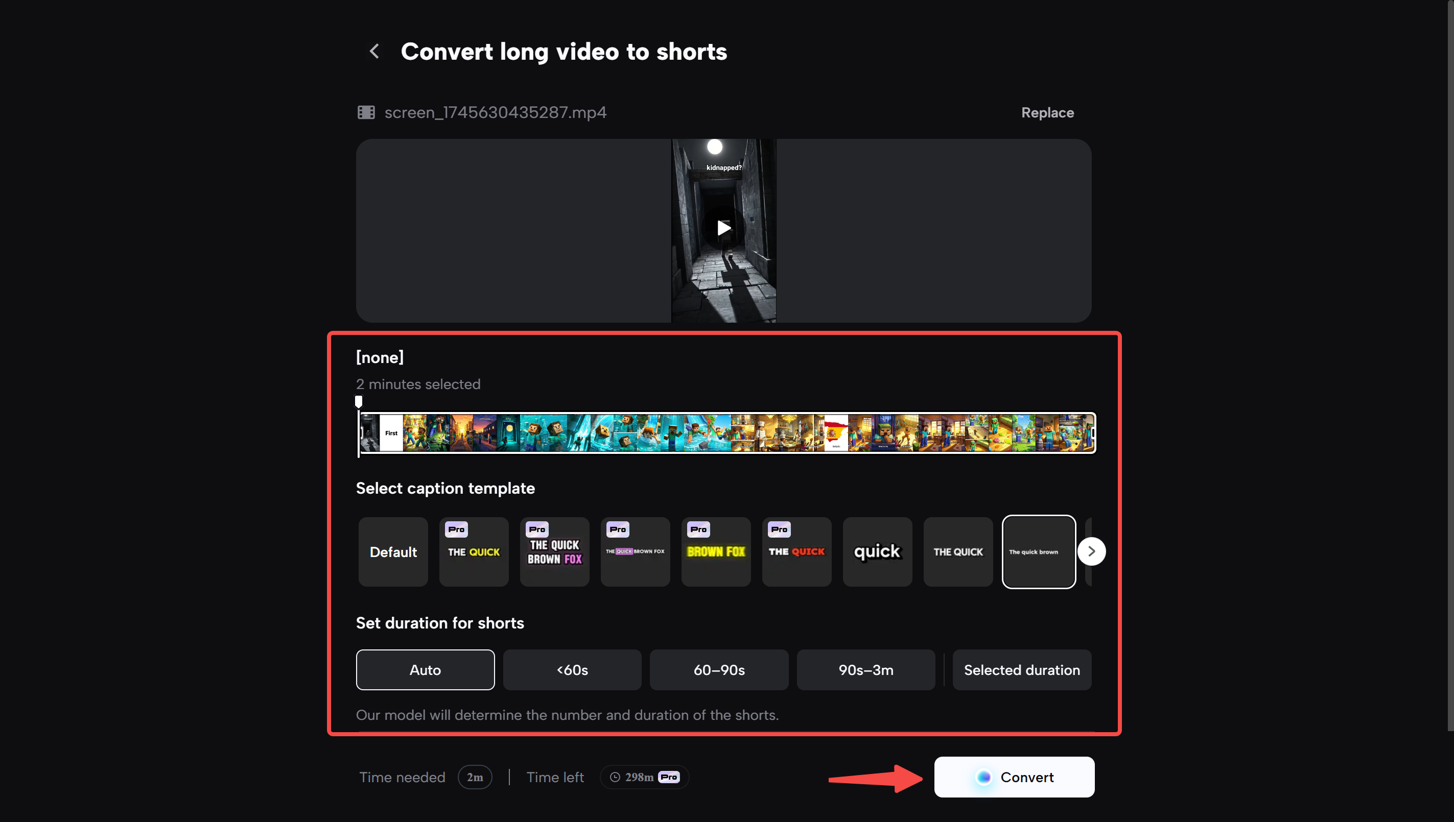 Adjust the settings to convert long videos into shorts