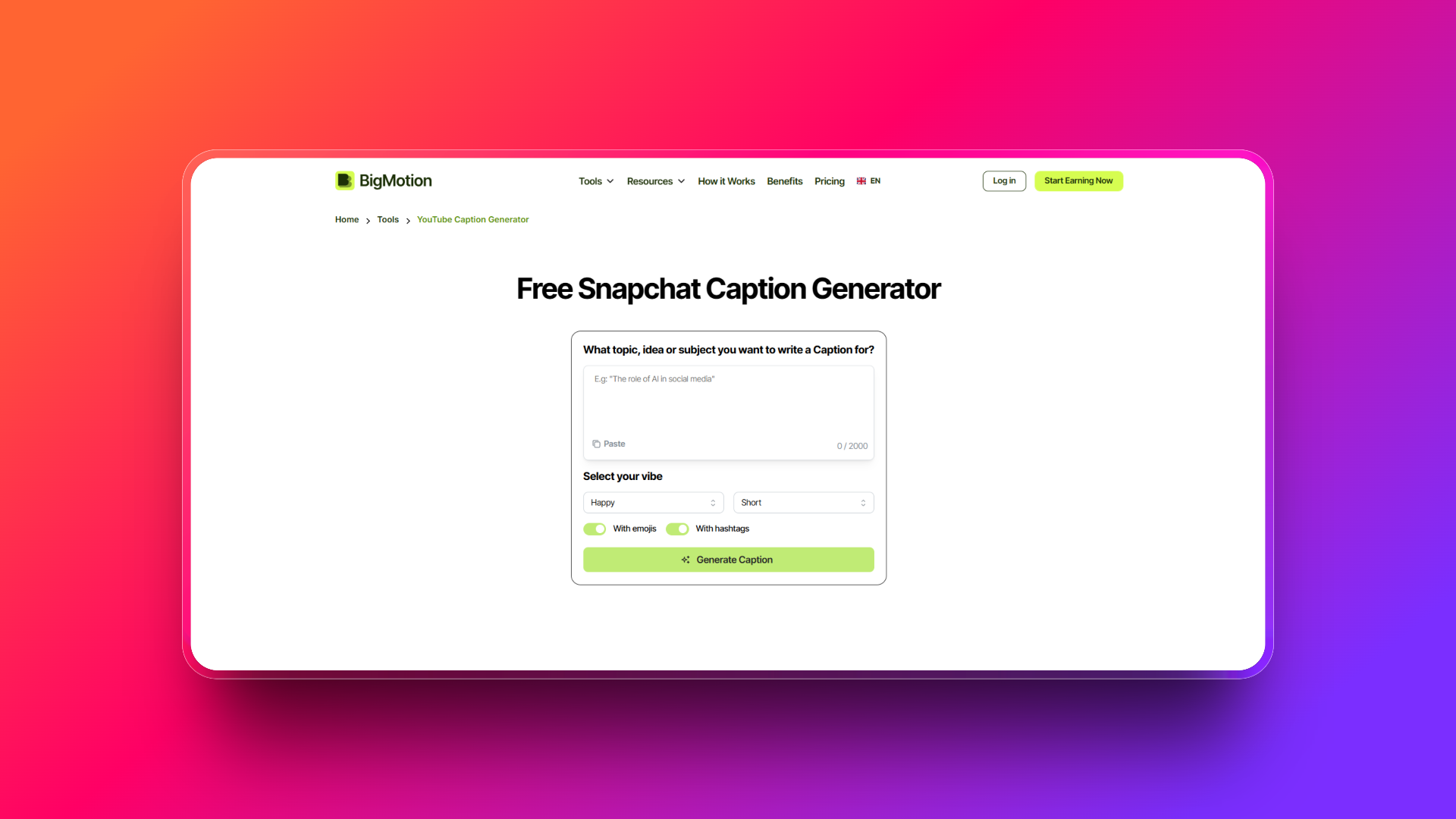 Social media caption generator by BigMotion