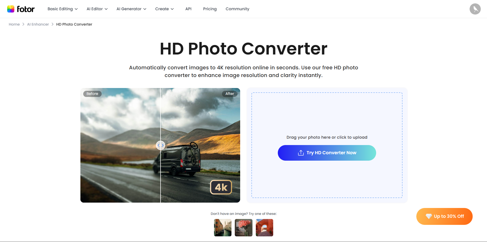Interface of Fotor - an efficient tool to upscale images