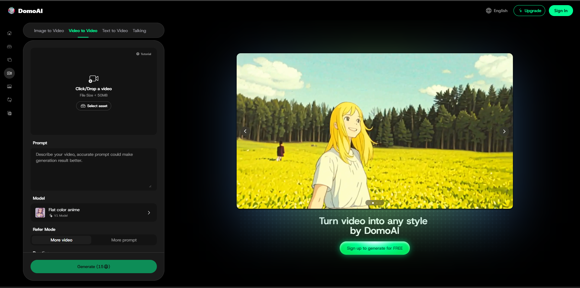 Benutzeroberfläche von DomoAI – ein wertvolles Tool, um KI-Video in Video umzuwandeln.